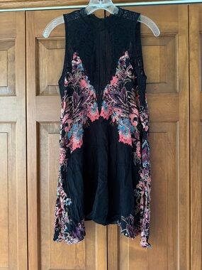 Free People Black Tunic with Pink and Blue Floral Print